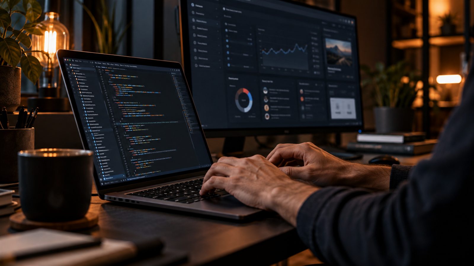 Software engineering workspace with code on a laptop and an application on a monitor
